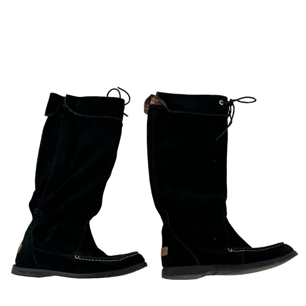 Sperry Moccasin Boots Black Suede Leather Tall Pull On Womens Size 7 Southwest